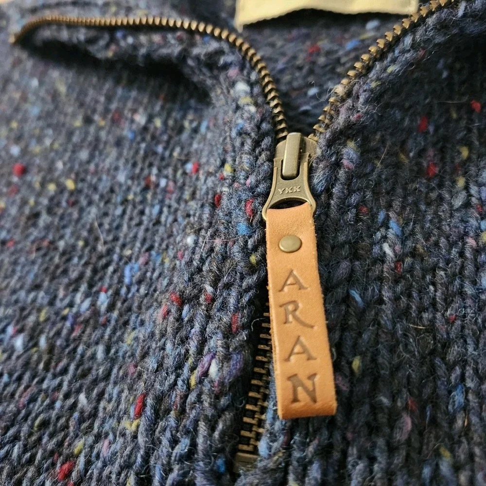 Isles Of Aran Mens Donegal Tweed Half Zip Sweater Fleck Blue 100% Wool Sz Medium